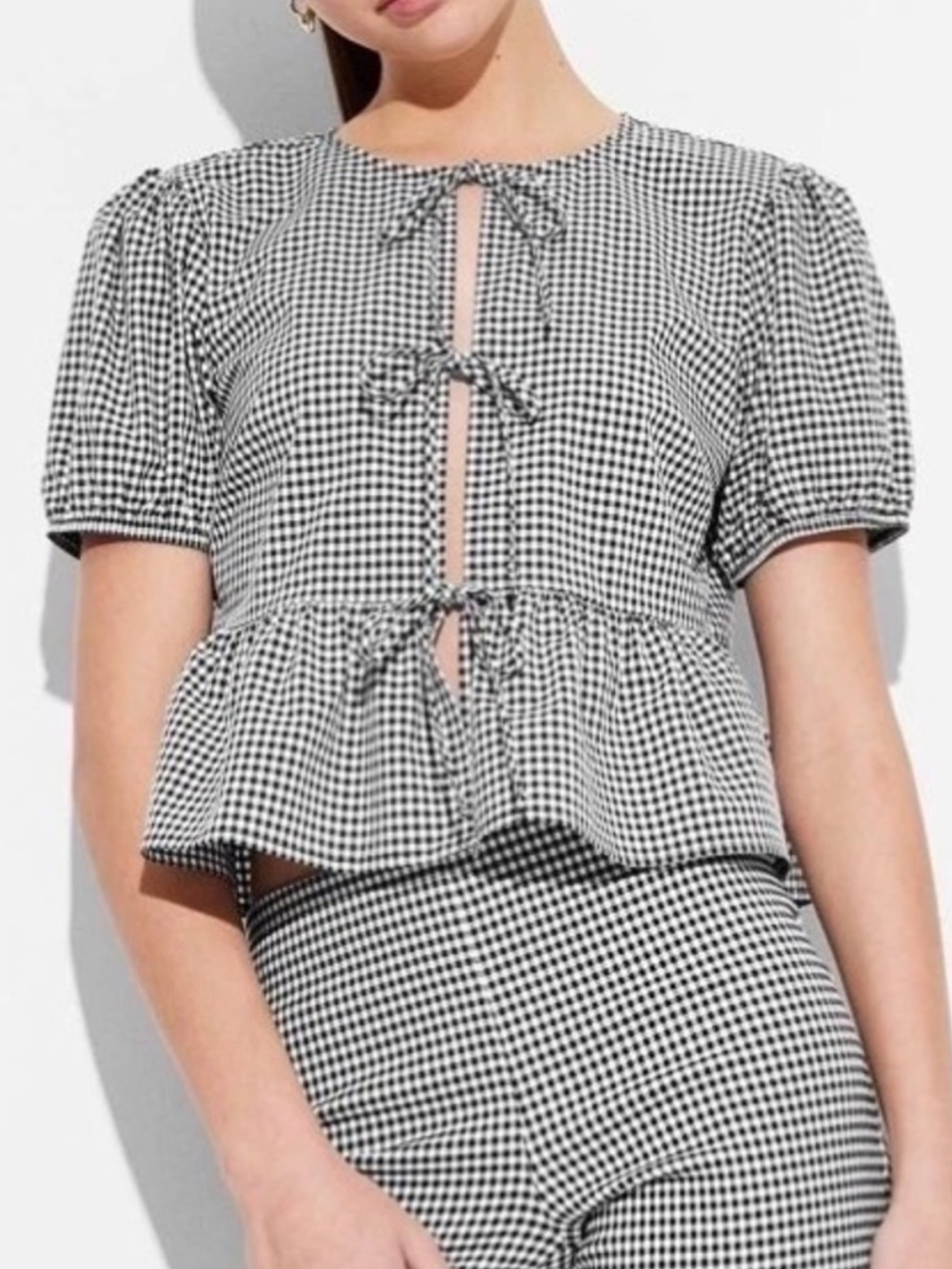Wild Fable Black White Gingham Tie Front Peplum Puff Sleeve Blouse Large